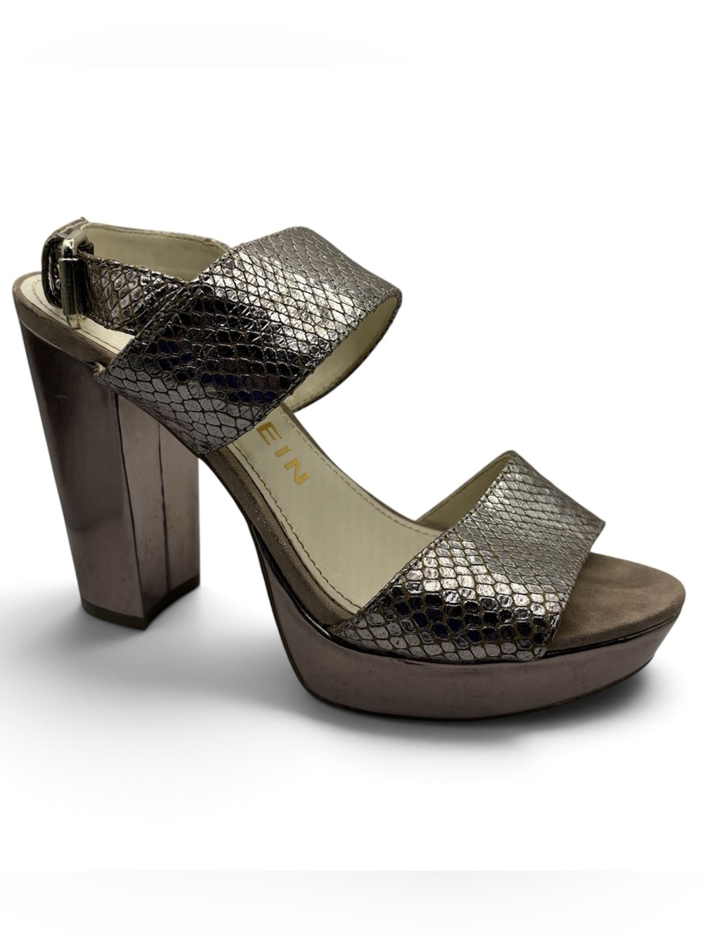 Anne Klein Metallic Taupe Snake-Print Block Heel Platform Sandal Women’s Size 7M